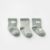 3-pack of sage green baby socks with duck, stripe, and cloud patterns